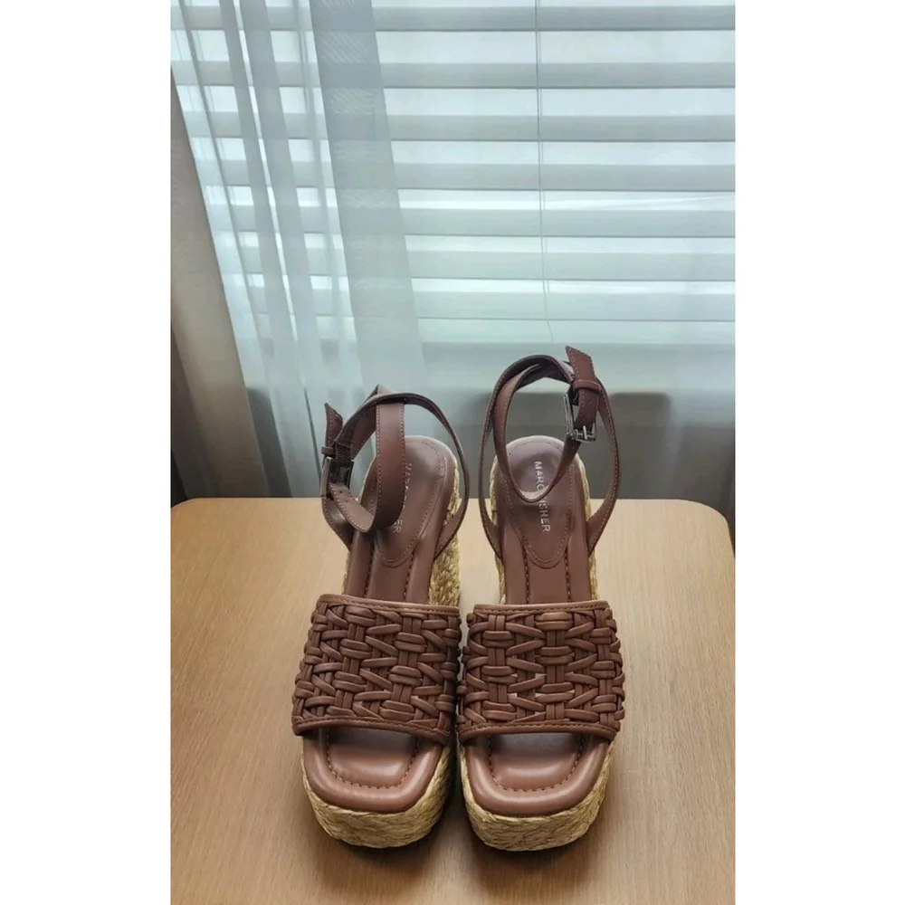 Marc Fisher Women Braided Raffia Chunky Platform Sandals 10 M Cognac Brown